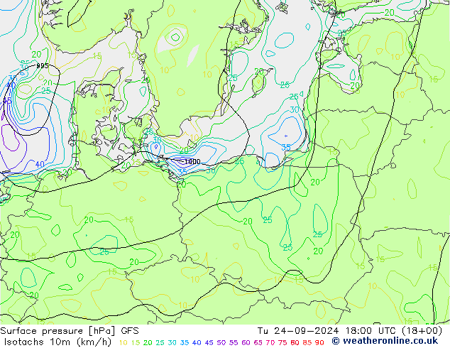 Isotaca (kph) GFS mar 24.09.2024 18 UTC