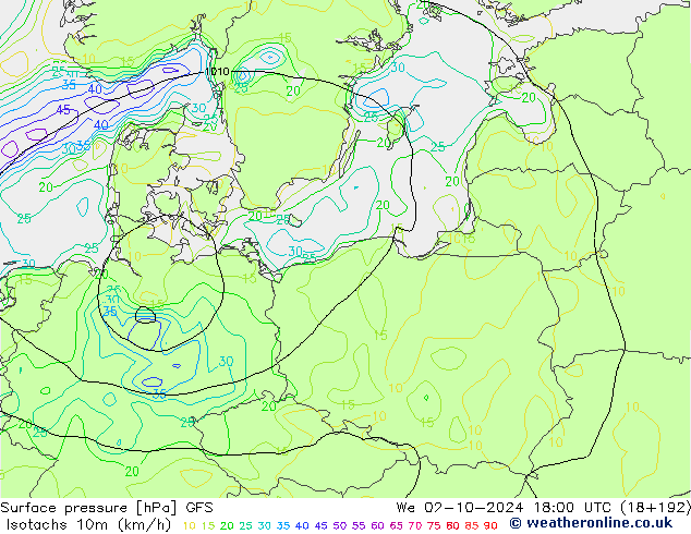 Isotachs (kph) GFS mer 02.10.2024 18 UTC