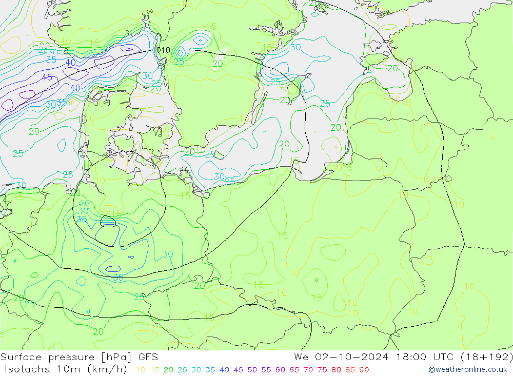 Isotachs (kph) GFS St 02.10.2024 18 UTC