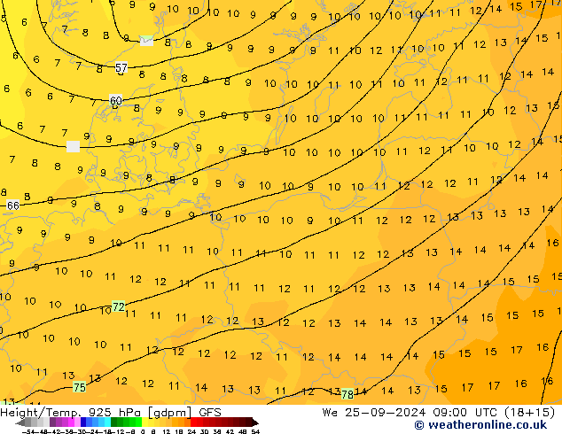 Height/Temp. 925 hPa GFS We 25.09.2024 09 UTC