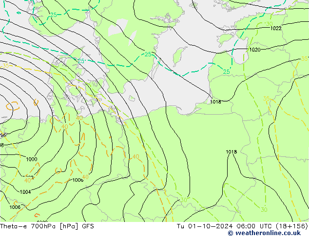 Theta-e 700hPa GFS Út 01.10.2024 06 UTC