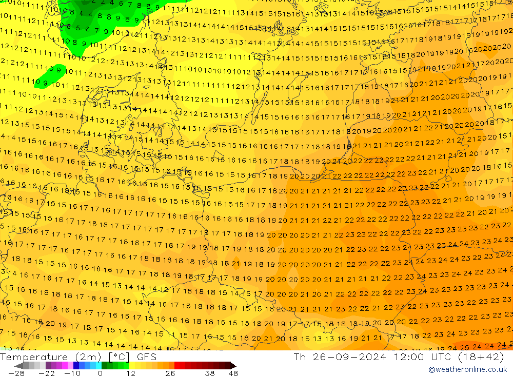 Temperatura (2m) GFS Qui 26.09.2024 12 UTC