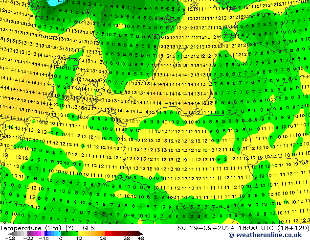 Temperature (2m) GFS Su 29.09.2024 18 UTC