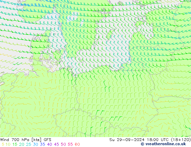 Rüzgar 700 hPa GFS Paz 29.09.2024 18 UTC