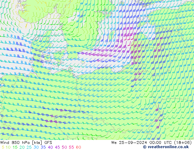 wiatr 850 hPa GFS śro. 25.09.2024 00 UTC