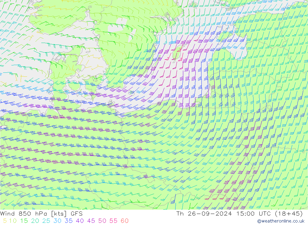 Viento 850 hPa GFS jue 26.09.2024 15 UTC