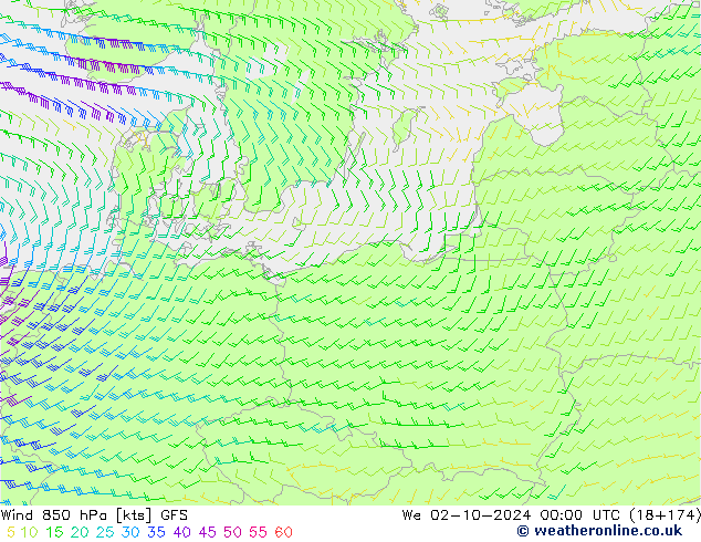 Wind 850 hPa GFS We 02.10.2024 00 UTC