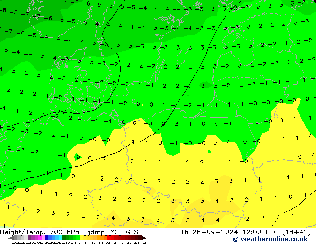 Géop./Temp. 700 hPa GFS jeu 26.09.2024 12 UTC