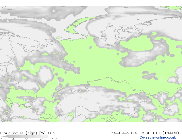 vysoký oblak GFS Út 24.09.2024 18 UTC