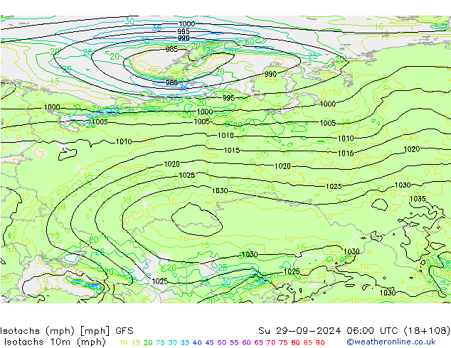 Isotachs (mph) GFS Su 29.09.2024 06 UTC