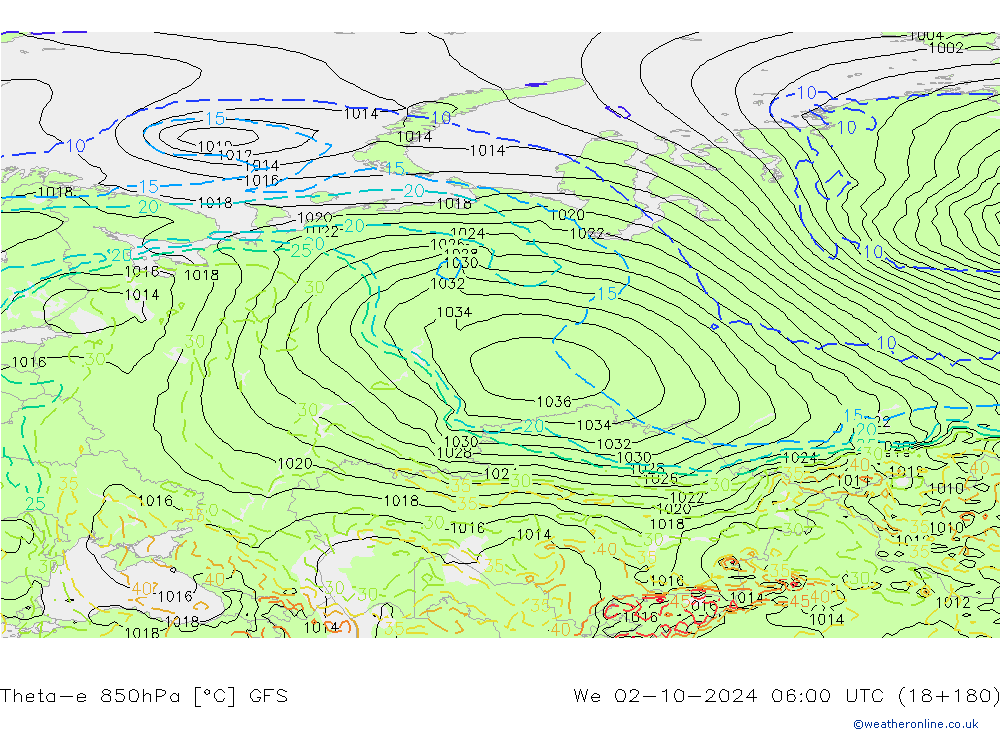 Theta-e 850hPa GFS mer 02.10.2024 06 UTC