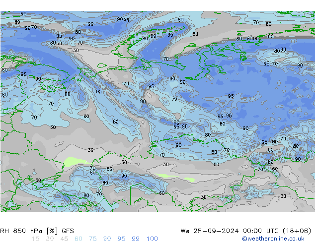 RH 850 hPa GFS We 25.09.2024 00 UTC