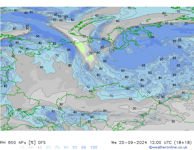 850 hPa Nispi Nem GFS Çar 25.09.2024 12 UTC