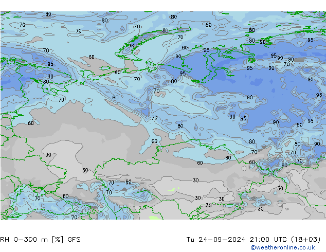 RH 0-300 m GFS Tu 24.09.2024 21 UTC