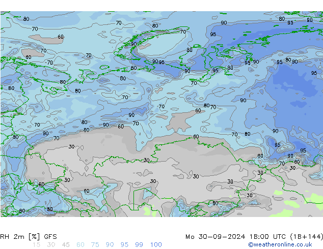 RH 2m GFS Mo 30.09.2024 18 UTC