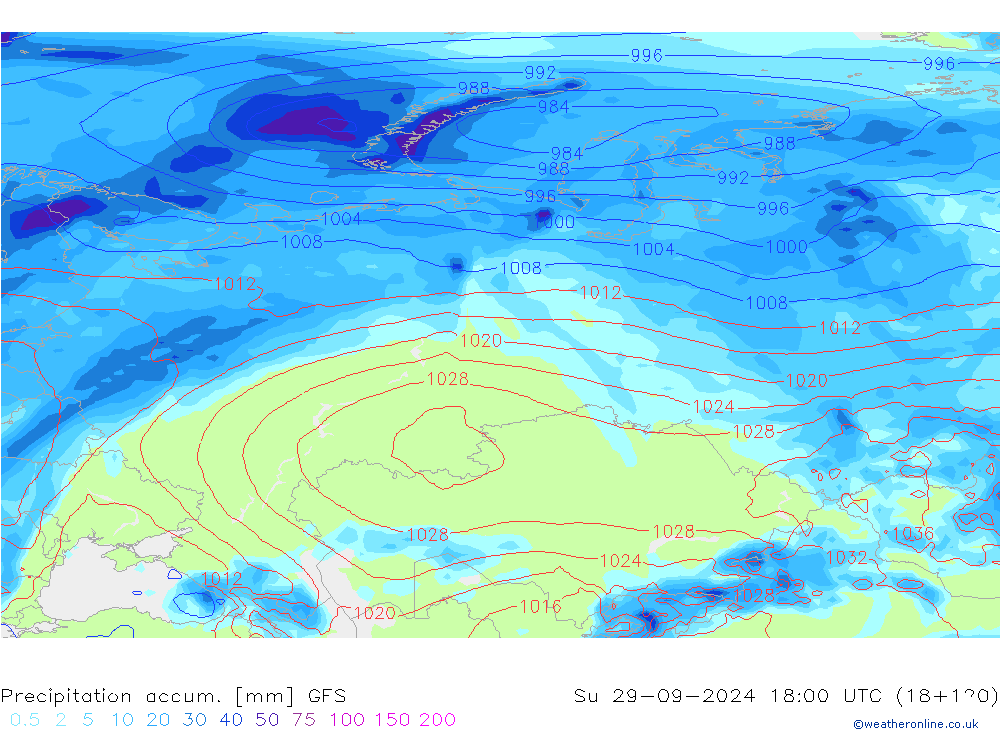 Precipitation accum. GFS Dom 29.09.2024 18 UTC