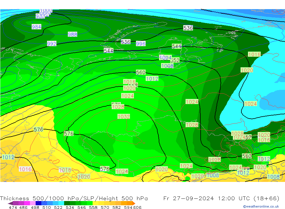 Thck 500-1000hPa GFS pt. 27.09.2024 12 UTC