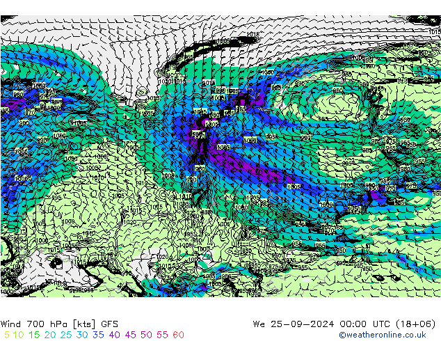 Wind 700 hPa GFS We 25.09.2024 00 UTC