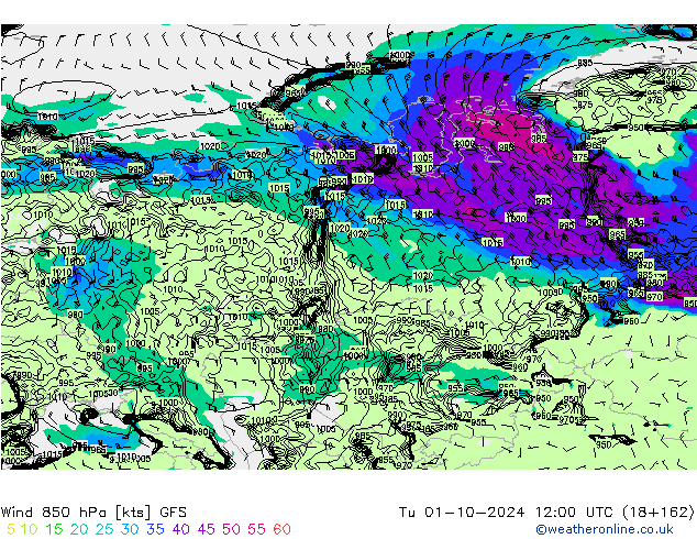 Wind 850 hPa GFS Tu 01.10.2024 12 UTC