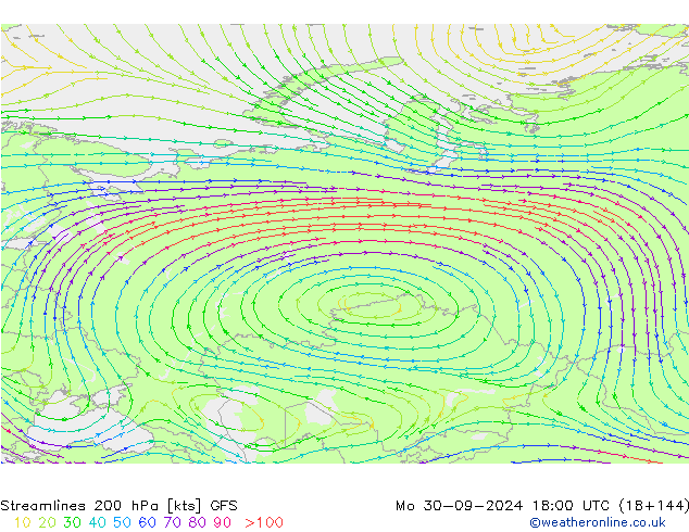 Linea di flusso 200 hPa GFS lun 30.09.2024 18 UTC