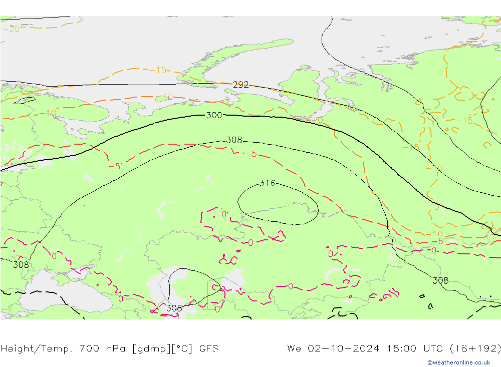 Height/Temp. 700 hPa GFS We 02.10.2024 18 UTC