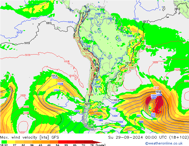 Max. wind velocity GFS Вс 29.09.2024 00 UTC