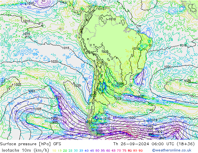 Isotachs (kph) GFS Th 26.09.2024 06 UTC