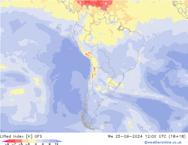 Lifted Index GFS śro. 25.09.2024 12 UTC