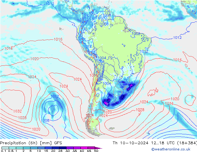 Z500/Rain (+SLP)/Z850 GFS Čt 10.10.2024 18 UTC