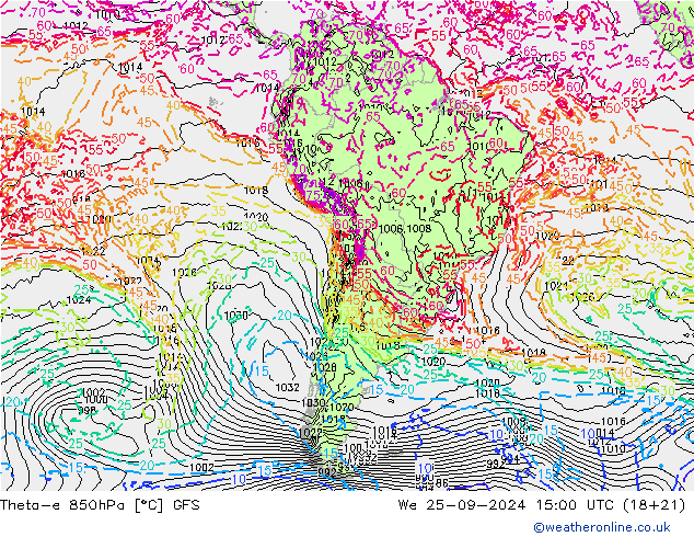 Theta-e 850hPa GFS mié 25.09.2024 15 UTC