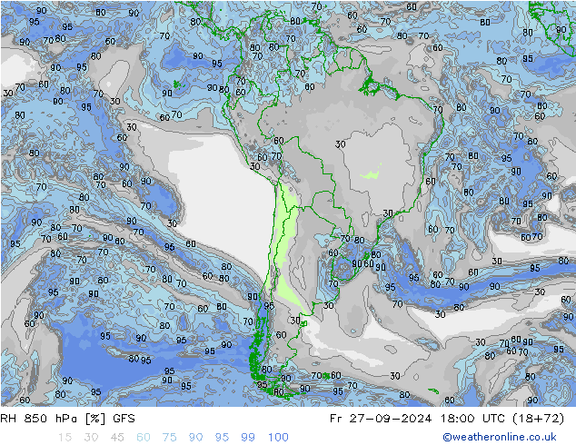 Humedad rel. 850hPa GFS vie 27.09.2024 18 UTC