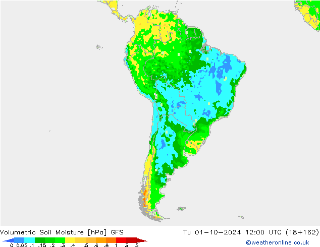 Volumetrisch bodemvocht GFS di 01.10.2024 12 UTC