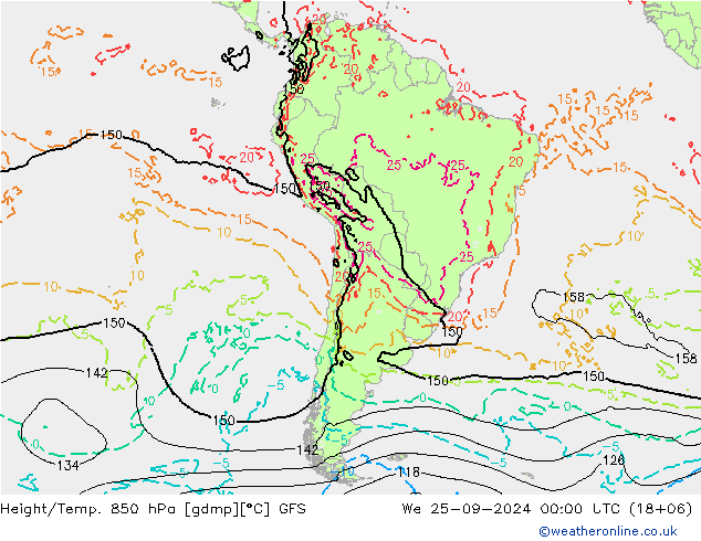 Height/Temp. 850 hPa GFS Qua 25.09.2024 00 UTC