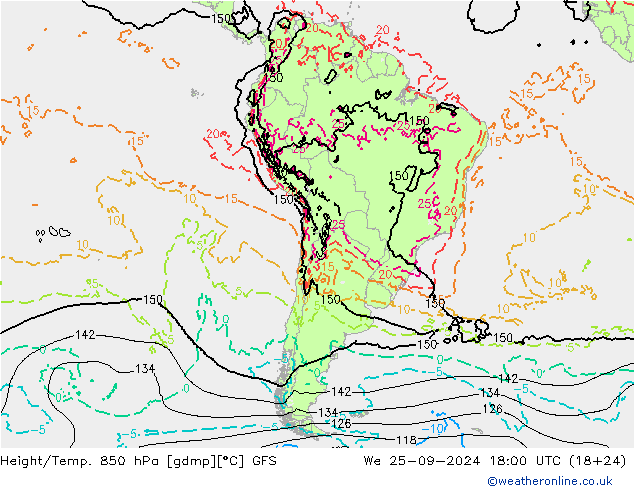 Geop./Temp. 850 hPa GFS mié 25.09.2024 18 UTC