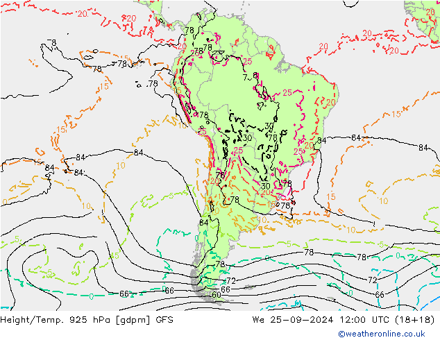 Height/Temp. 925 hPa GFS Qua 25.09.2024 12 UTC