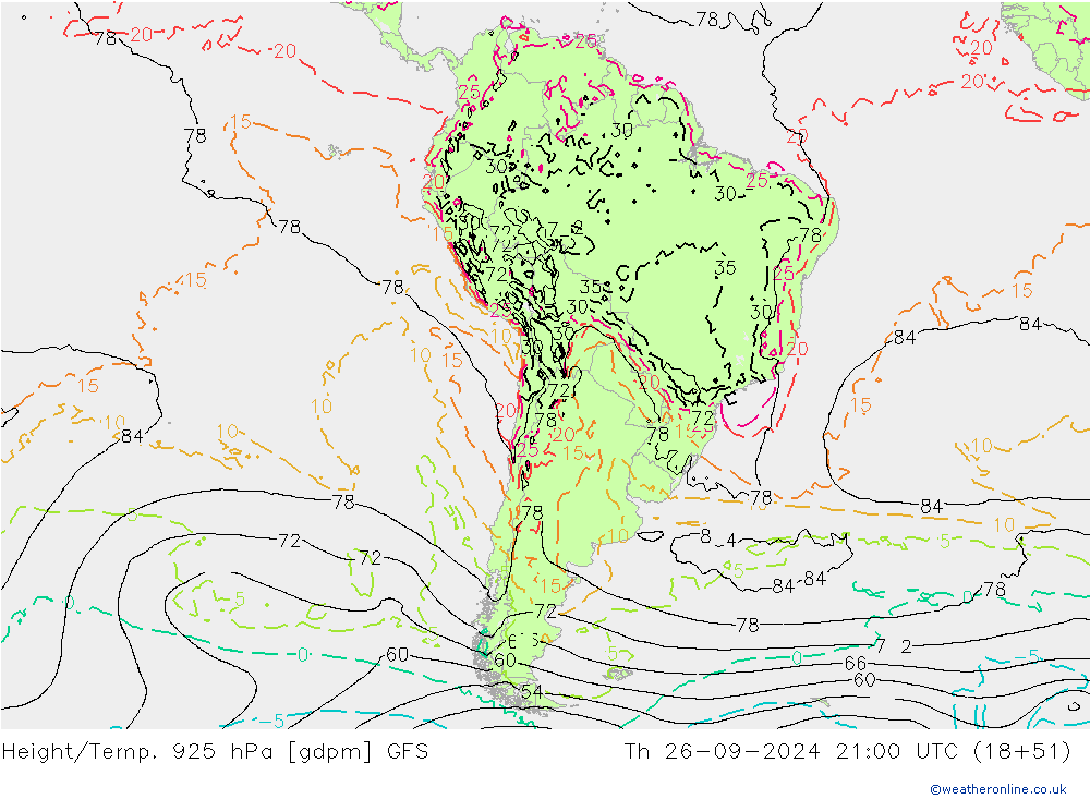 Yükseklik/Sıc. 925 hPa GFS Per 26.09.2024 21 UTC