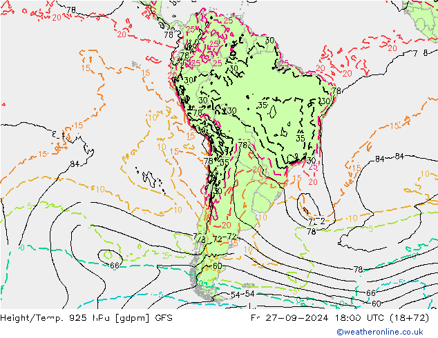 Height/Temp. 925 hPa GFS ven 27.09.2024 18 UTC