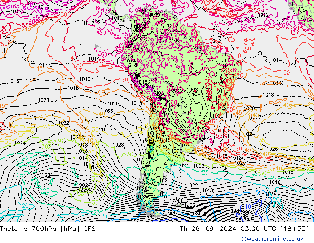 Theta-e 700hPa GFS do 26.09.2024 03 UTC