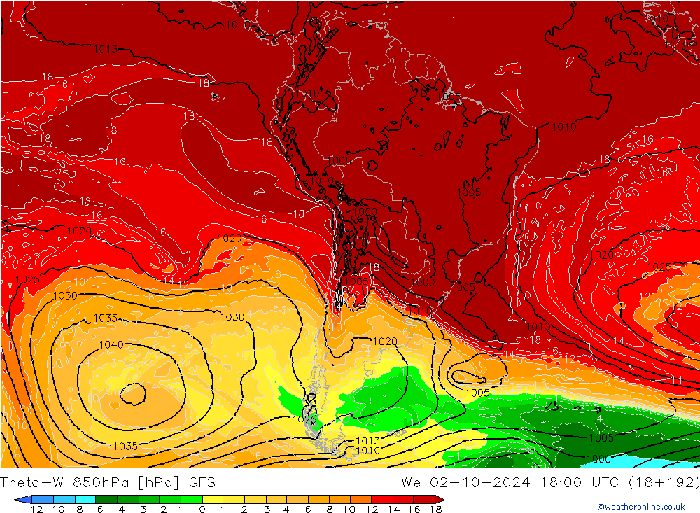 Theta-W 850hPa GFS We 02.10.2024 18 UTC