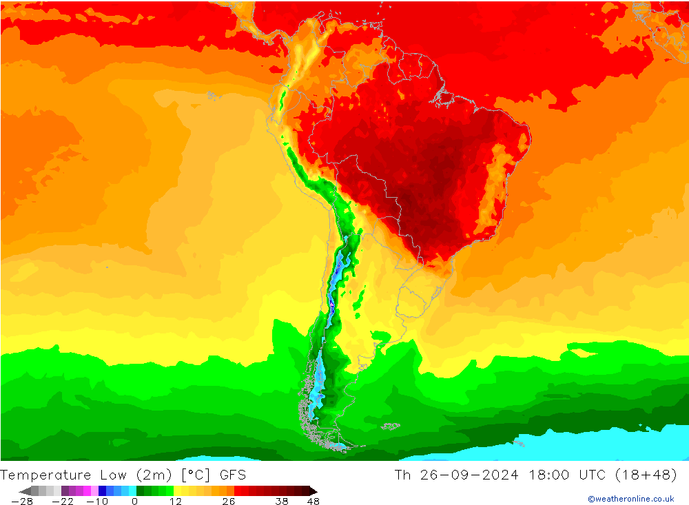 Temperatura mín. (2m) GFS jue 26.09.2024 18 UTC