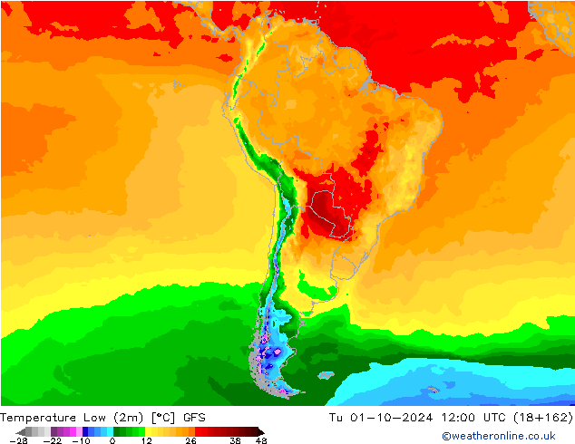 Temperature Low (2m) GFS Tu 01.10.2024 12 UTC