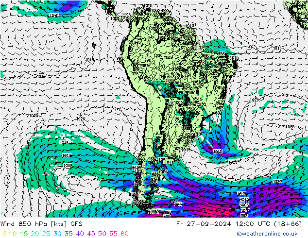 Wind 850 hPa GFS Fr 27.09.2024 12 UTC