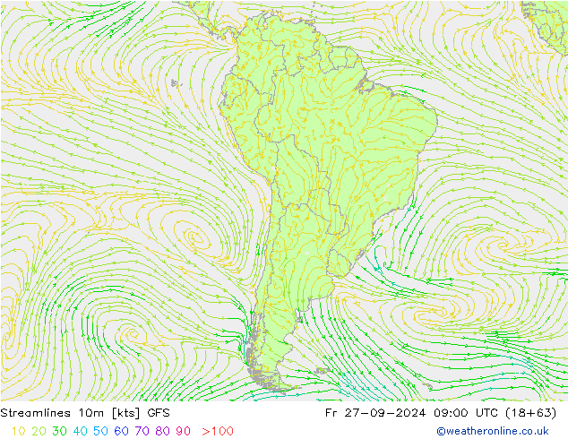 Línea de corriente 10m GFS vie 27.09.2024 09 UTC