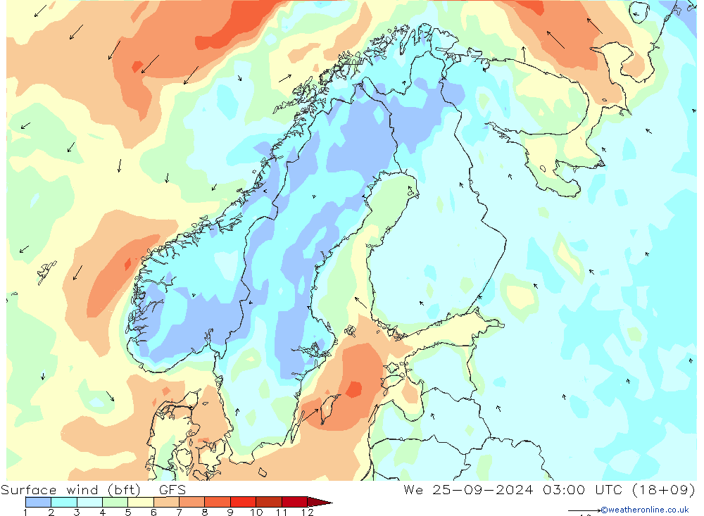 Surface wind (bft) GFS We 25.09.2024 03 UTC