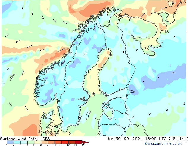 Vento 10 m (bft) GFS Seg 30.09.2024 18 UTC