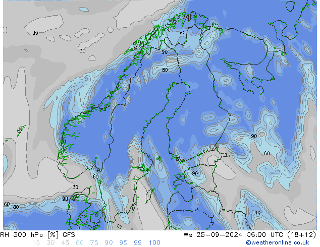 RH 300 hPa GFS śro. 25.09.2024 06 UTC