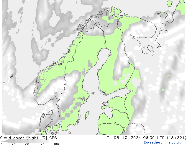 Cloud cover (high) GFS Tu 08.10.2024 06 UTC