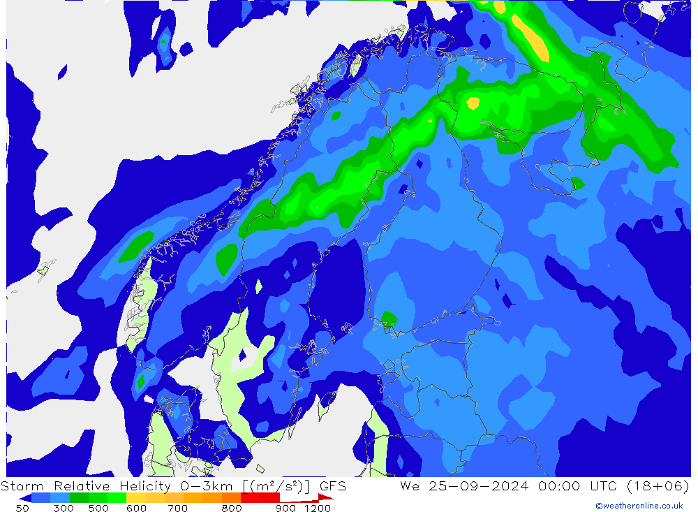 Storm Relative Helicity GFS Qua 25.09.2024 00 UTC