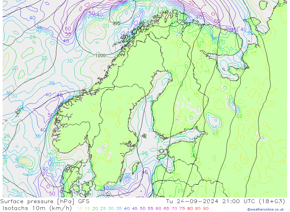 Isotaca (kph) GFS mar 24.09.2024 21 UTC