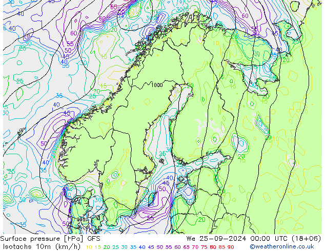 Isotachs (kph) GFS  25.09.2024 00 UTC